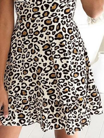 V Neck Short Sleeve Leopard Print Dress