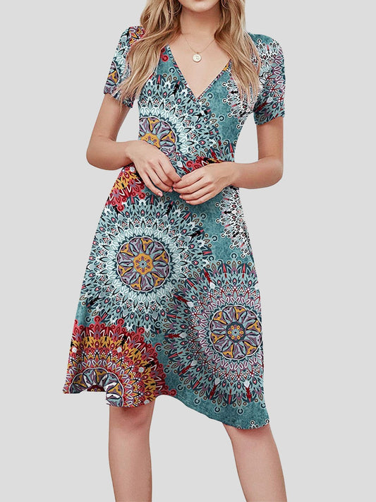 V neck Short sleeved Sun Flower Print Dress