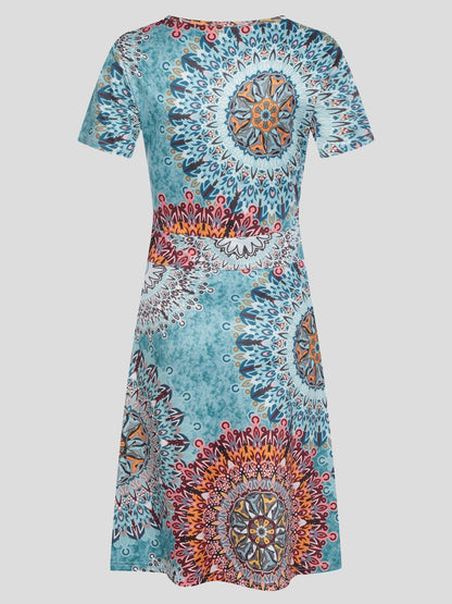V neck Short sleeved Sun Flower Print Dress