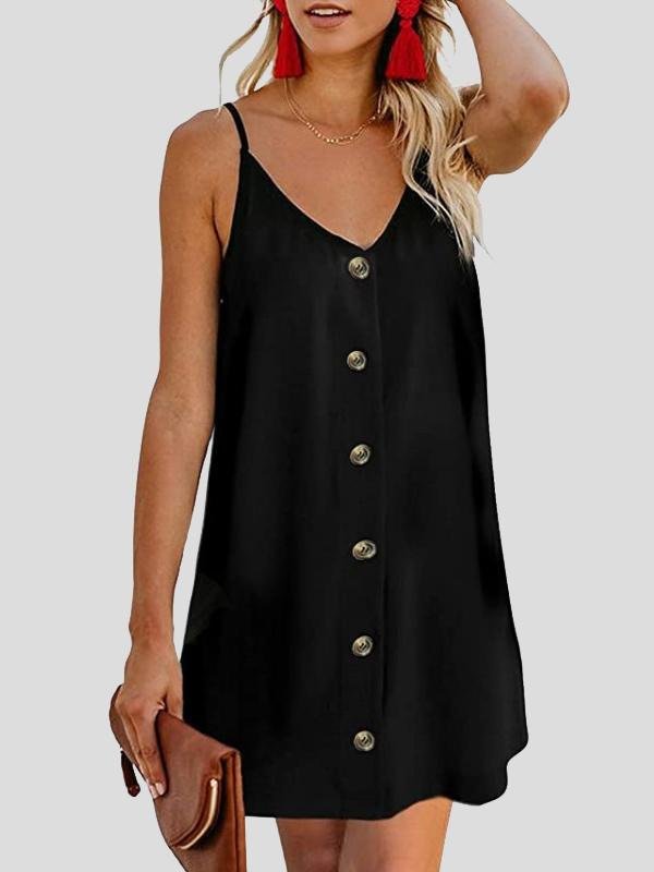 V neck Single breasted Sleeveless Suspender Dress