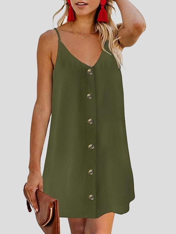V neck Single breasted Sleeveless Suspender Dress