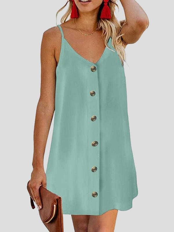 V neck Single breasted Sleeveless Suspender Dress
