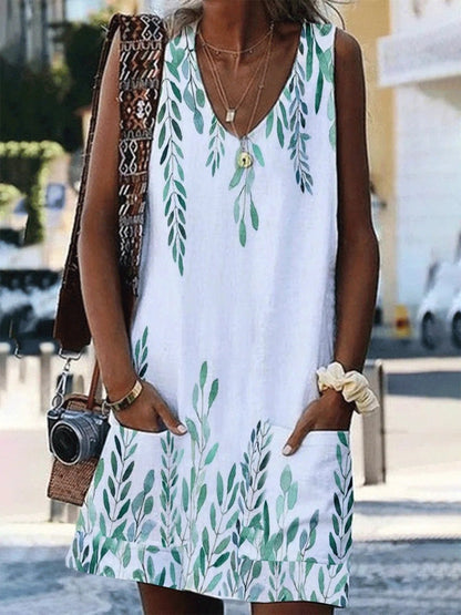 V Neck Sleeveless Leaf Print Pocket Loose Dress