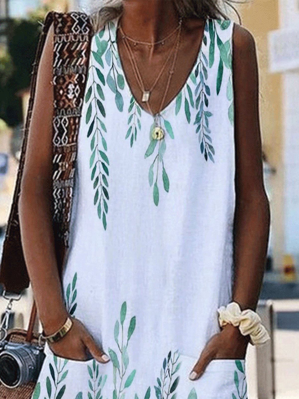 V Neck Sleeveless Leaf Print Pocket Loose Dress