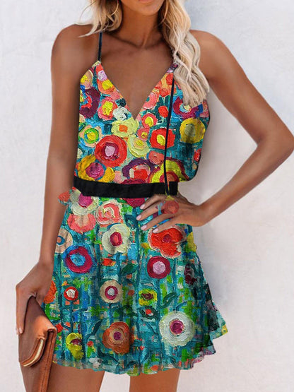 V Neck Sleeveless Print Suspender Dress