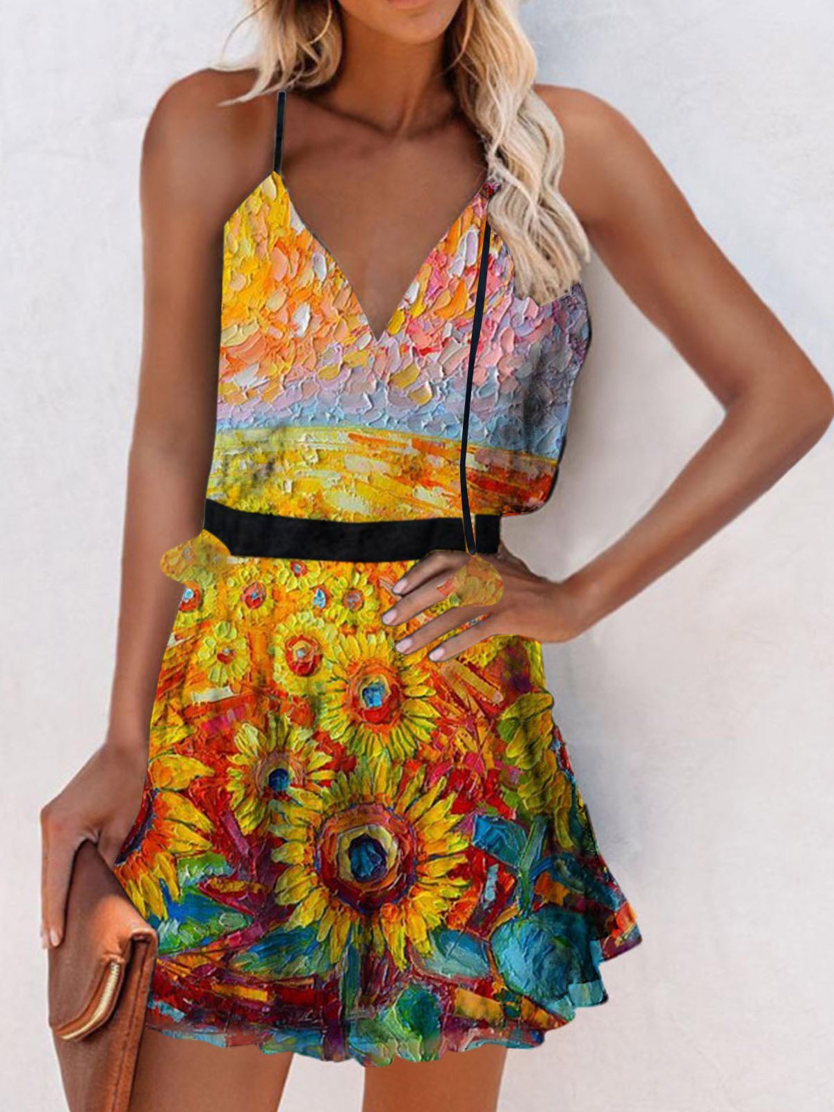 V Neck Sleeveless Print Suspender Dress