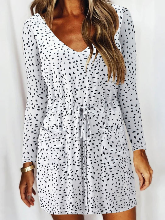 V Neck Slot Pocket Lace Up Long Sleeve Casual Dress