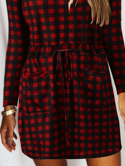 V Neck Slot Pocket Lace Up Long Sleeve Casual Dress