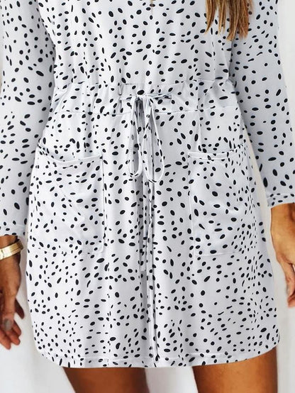 V Neck Slot Pocket Lace Up Long Sleeve Casual Dress