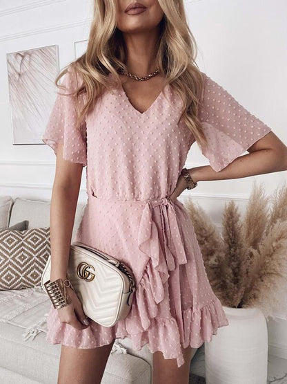 Waist V neck Short Sleeve Solid Color Dress