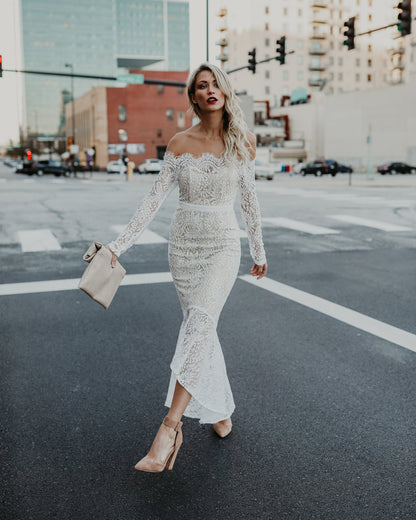 Elegance Lace Trumpet Dress White