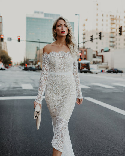 Elegance Lace Trumpet Dress White