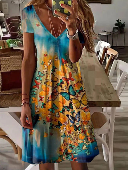 Butterfly Print V Neck Short Sleeve Dress
