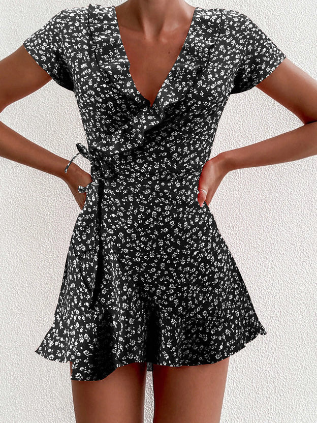Floral V Neck Ruffled Lace Up Dress