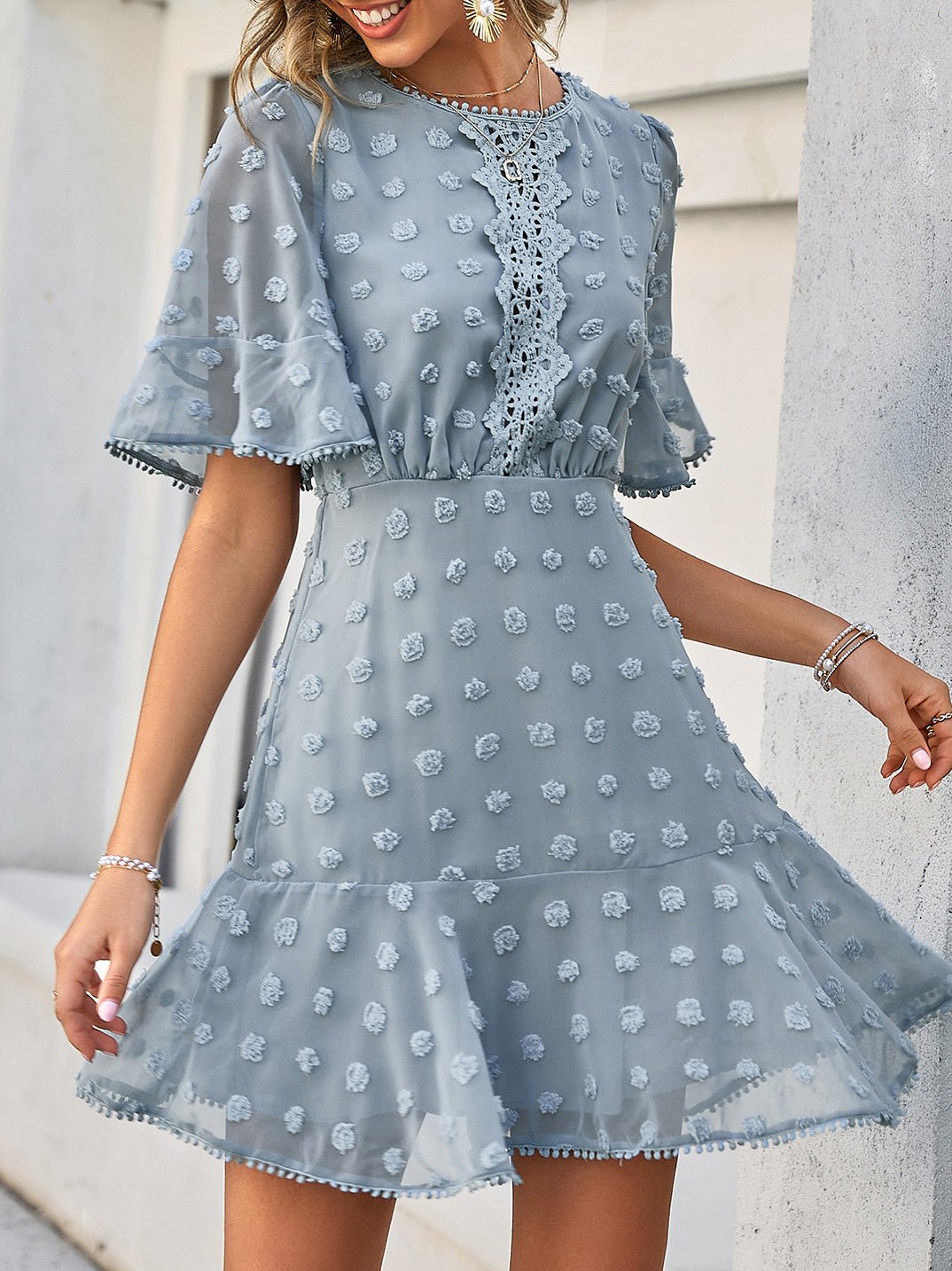 Jacquard Polka Dot Lace Fringed Dress