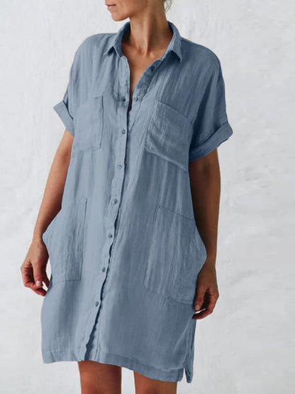 Lapel Short Sleeve Pocket Shirt Dress