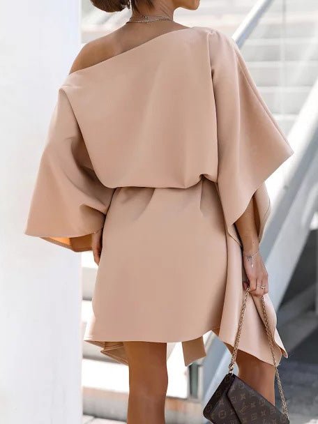 Loose Off Shoulder Belted Doll Sleeve Dress