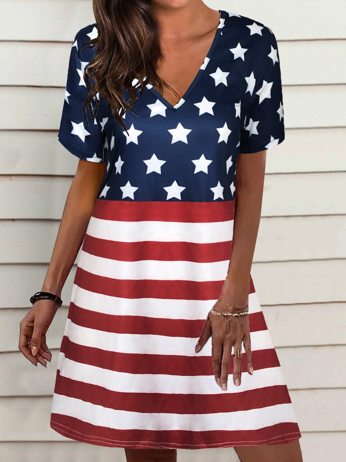 Loose Star Stripe V Neck Short Sleeve Dress