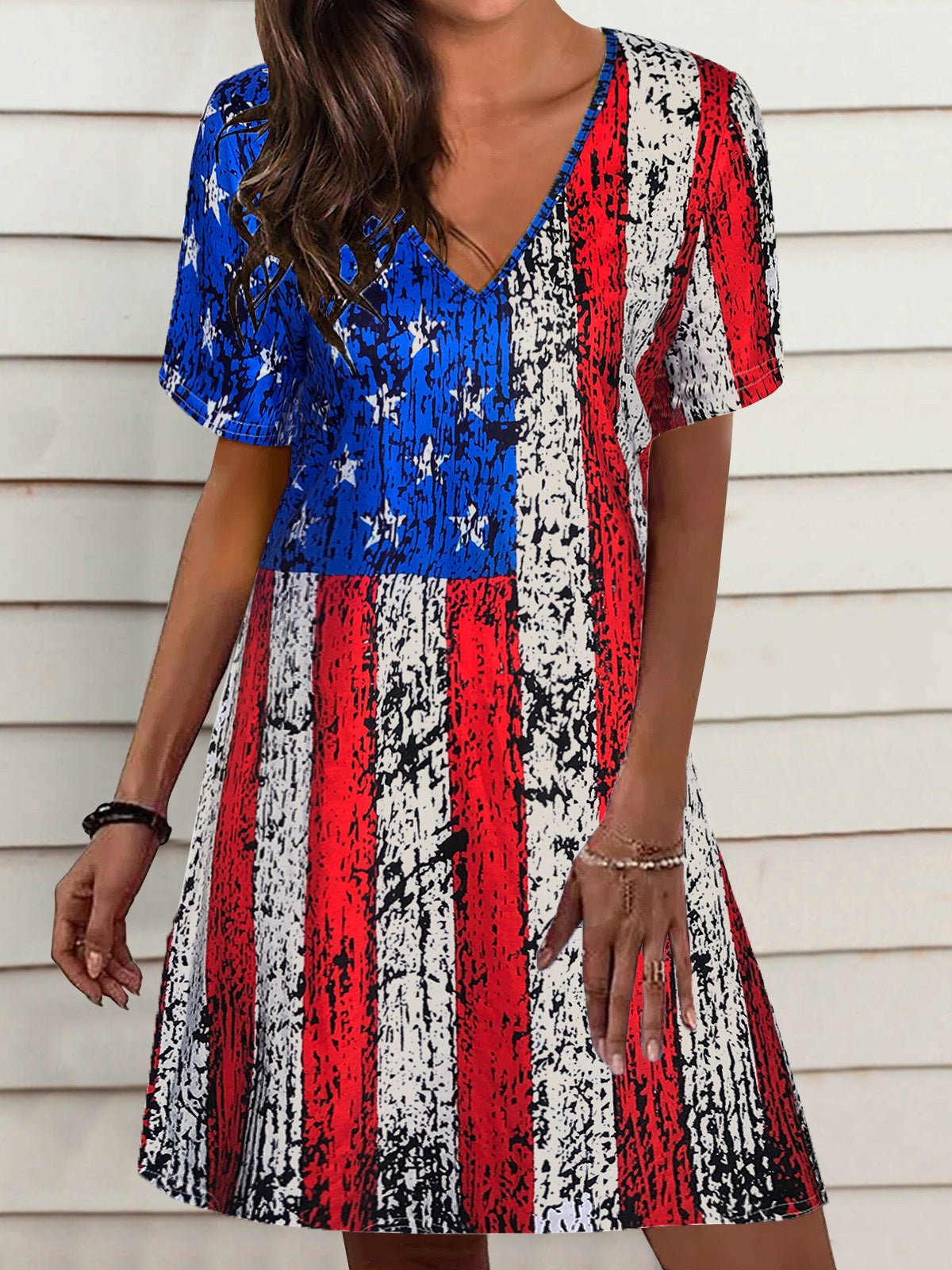 Loose Star Stripe V Neck Short Sleeve Dress