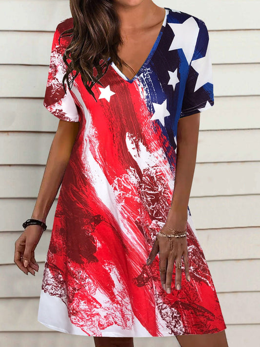 Loose Star Stripe V Neck Short Sleeve Dress