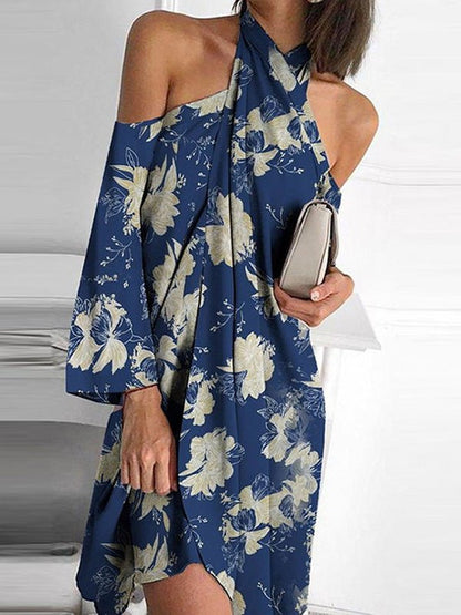 Printed Halter Off Shoulder Irregular Dress