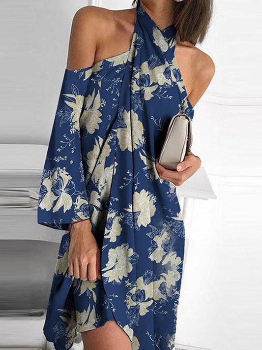 Printed Halter Off Shoulder Irregular Dress