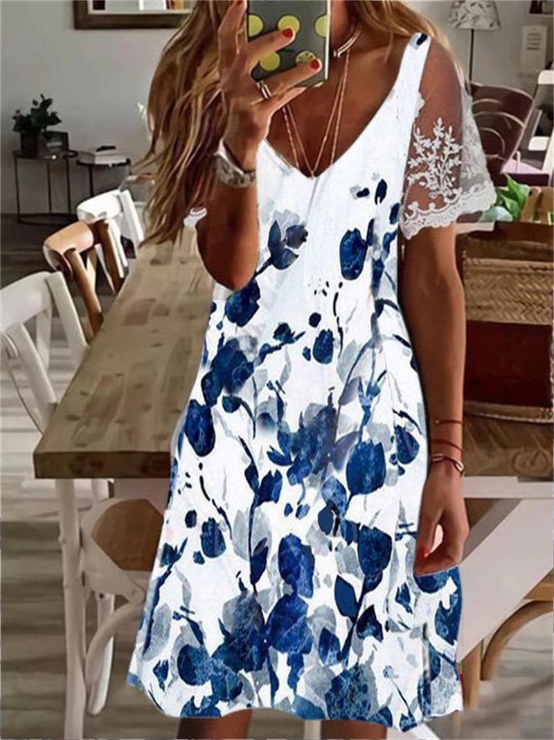 Printed V Neck Lace Sleeve Dress
