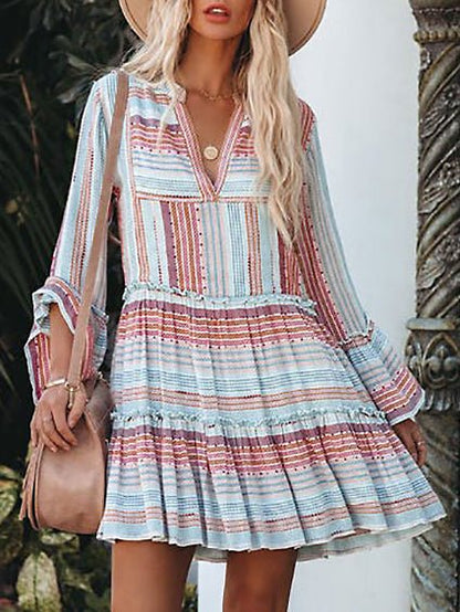 Striped Print V Neck Long Sleeve Dress