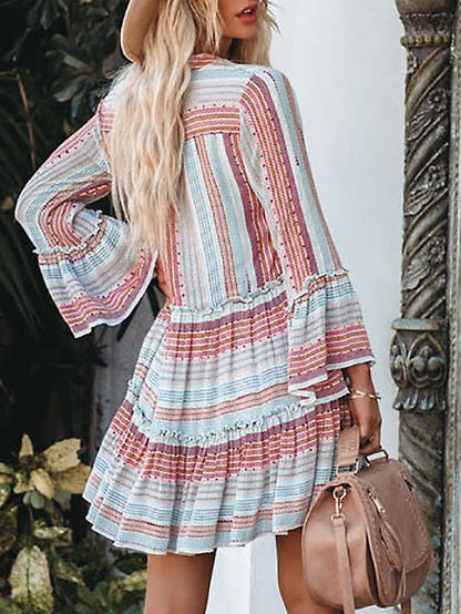 Striped Print V Neck Long Sleeve Dress