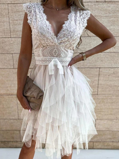V Neck Lace Mesh Irregular Dress