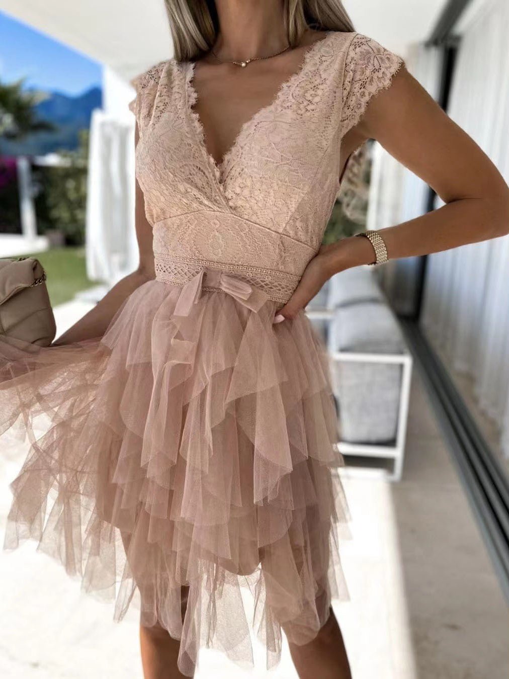 V Neck Lace Mesh Irregular Dress
