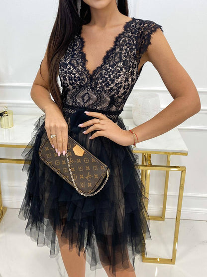 V Neck Lace Mesh Irregular Dress