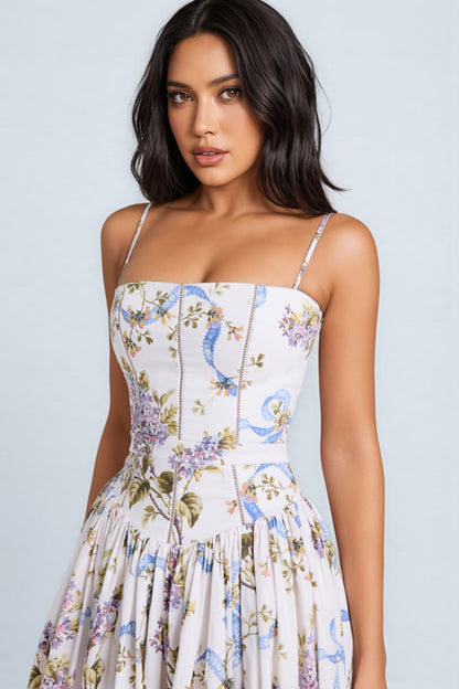 Zechariah White Ribbon Print Cotton Midi Dress